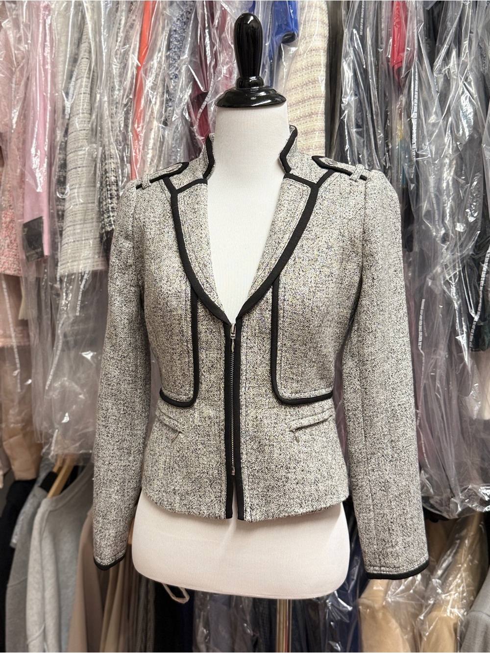 White House Black Market Grey Tweed Zip-Front Blazer with Black Trim